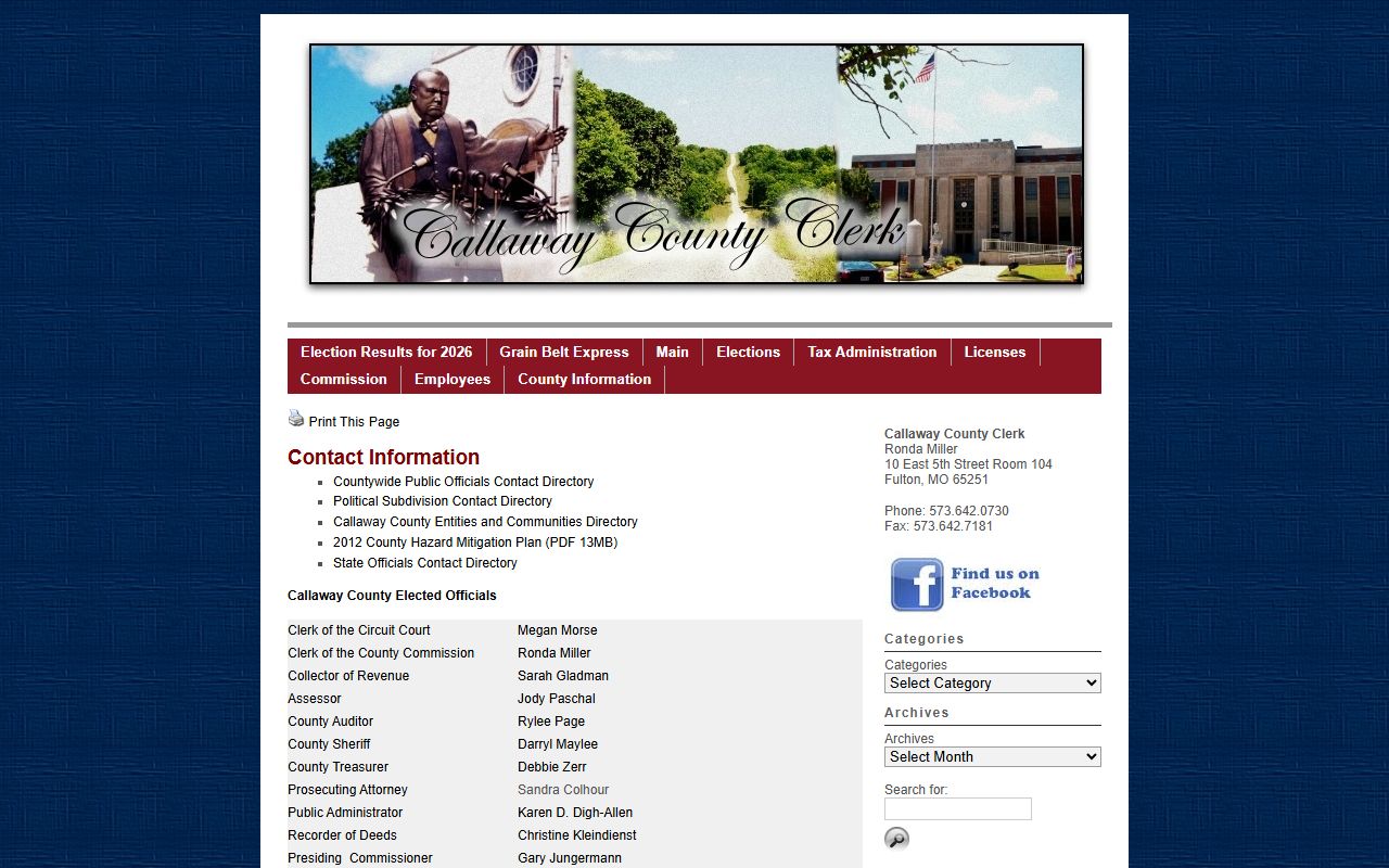 Callaway County Circuit Clerk records county elected officials directory