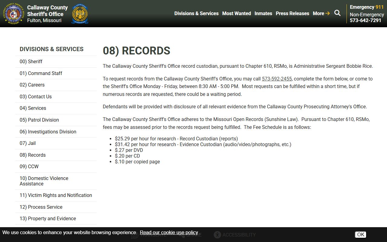 Callaway County arrest records sheriff records request page