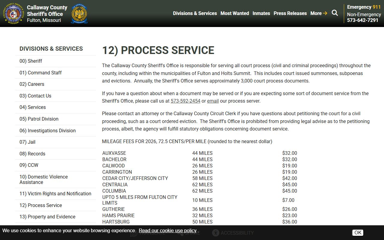 Callaway County arrest records sheriff civil process page