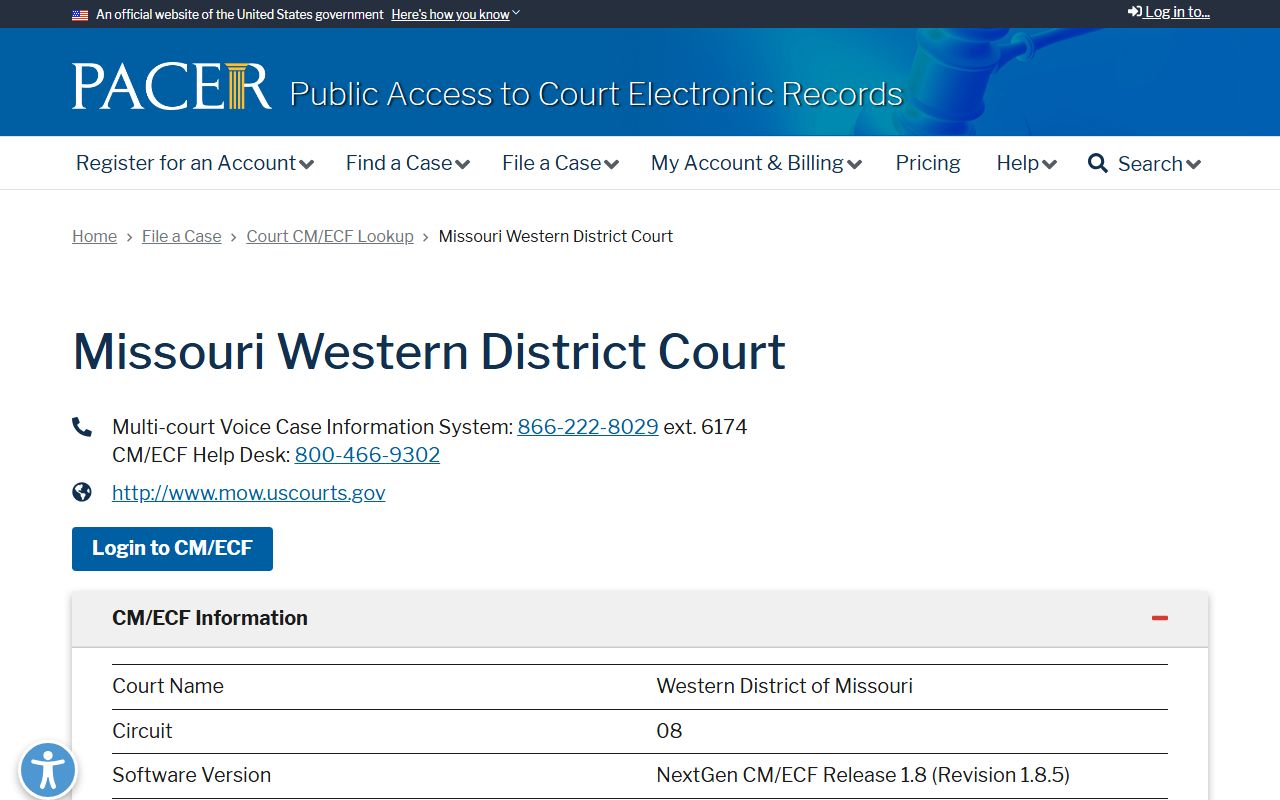 Callaway County court dockets PACER Missouri Western District lookup