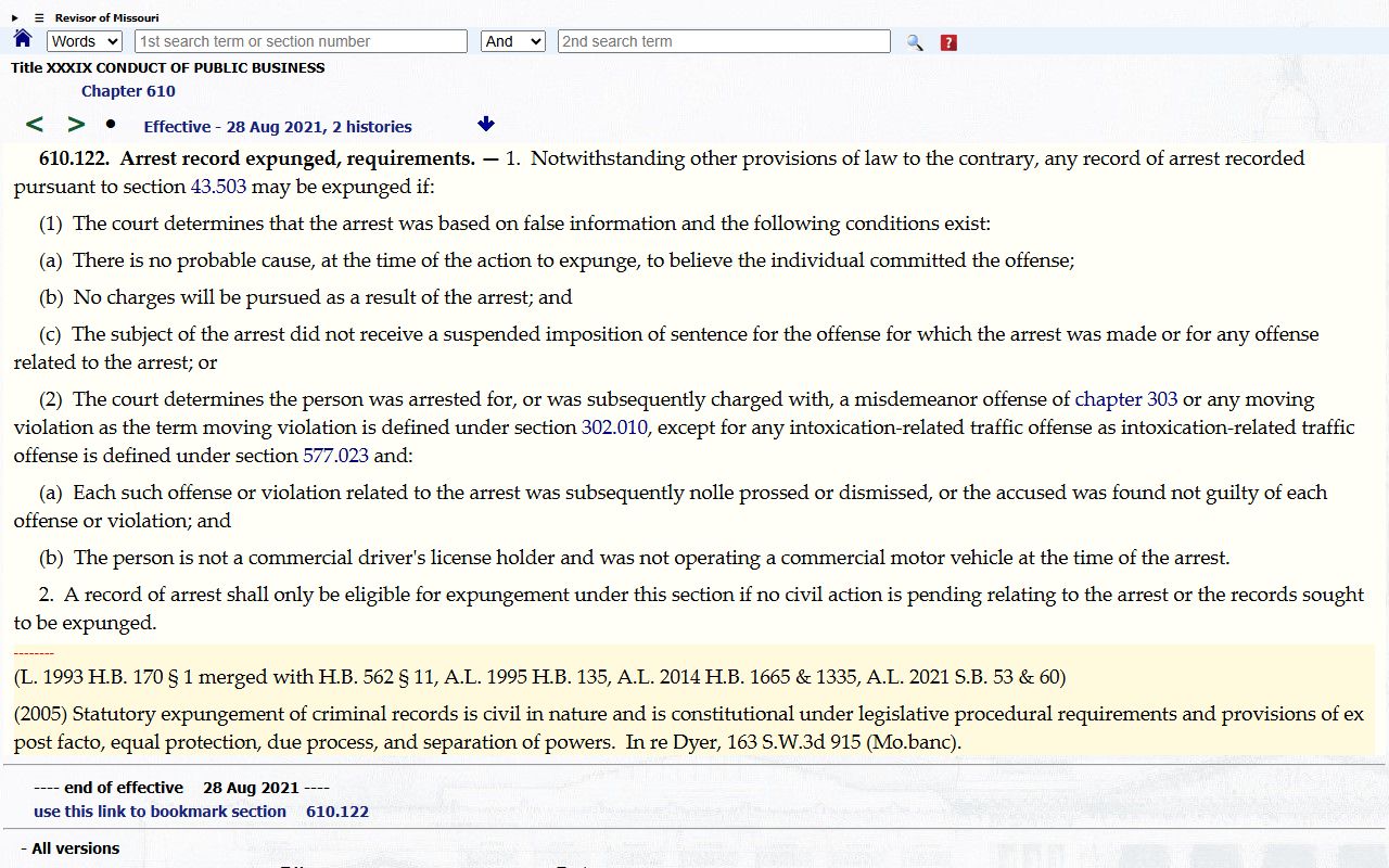 Callaway County criminal court records Missouri arrest expungement statute