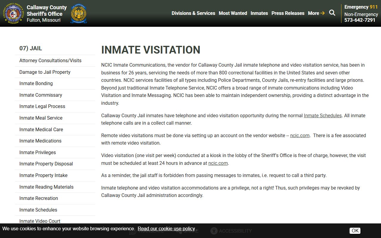 Callaway County inmate records visitation rules
