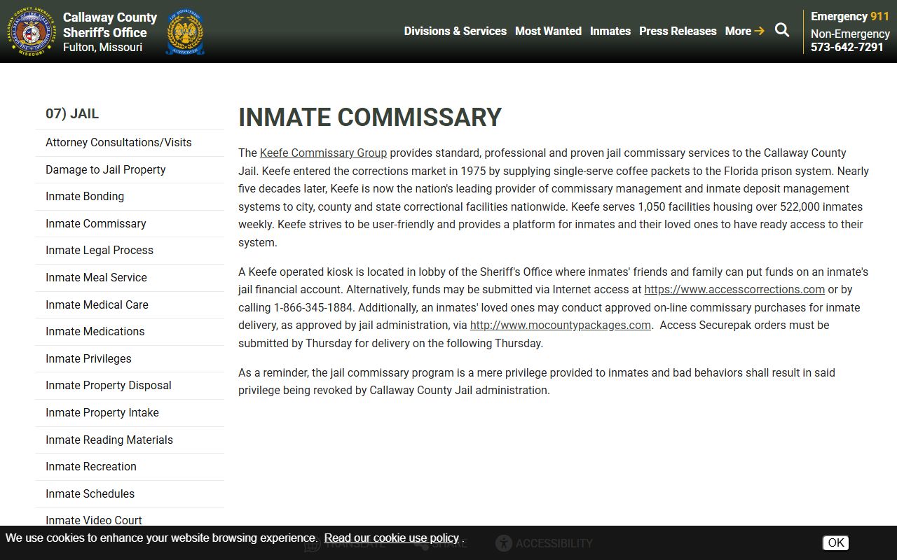 Callaway County inmate records commissary and visitation