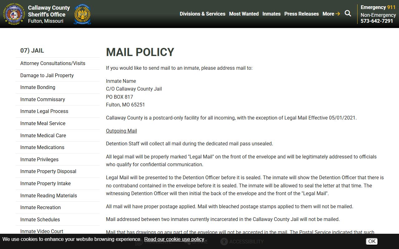 Callaway County inmate records jail mail policy