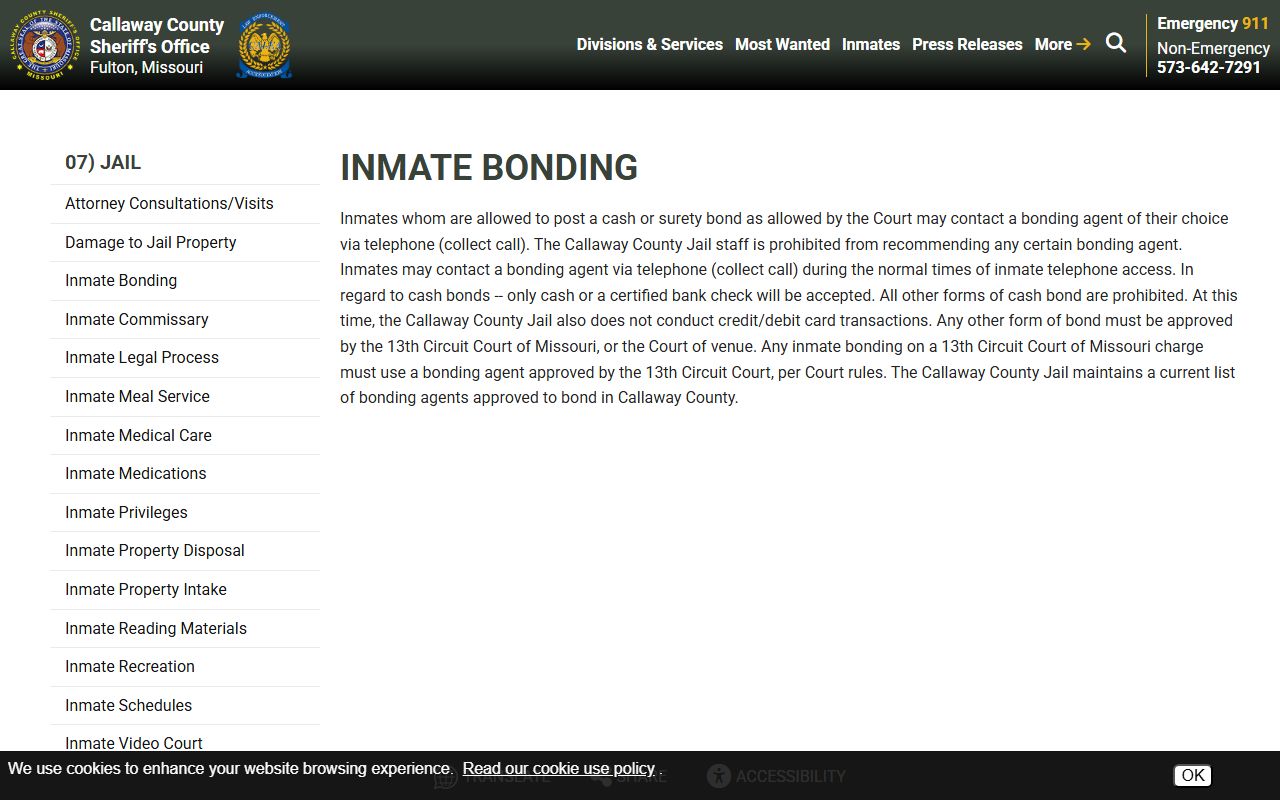 Callaway County inmate records bonding rules