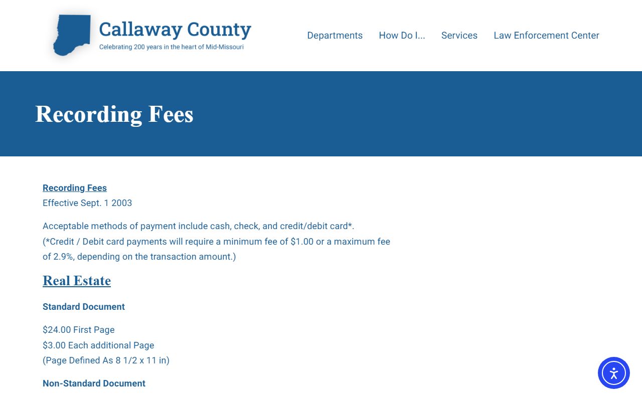 Callaway County marriage and divorce records recorder fee schedule