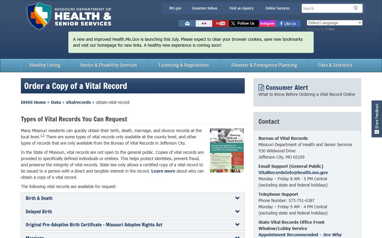 Callaway County divorce records Missouri vital records request page