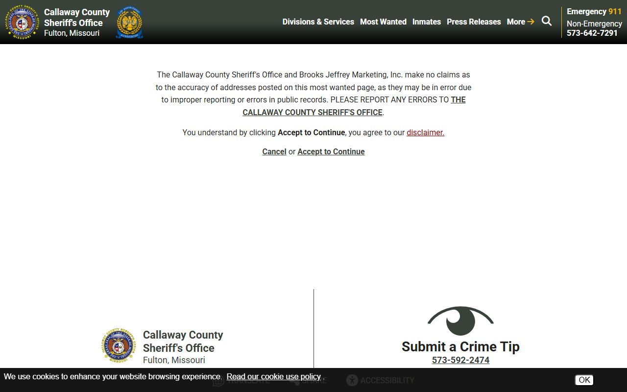 Callaway County warrant records most wanted page