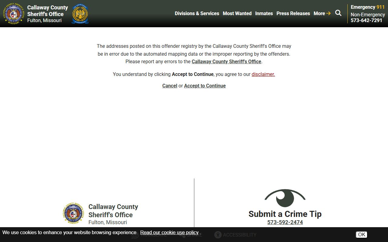 Callaway County warrant records sheriff sex offender information