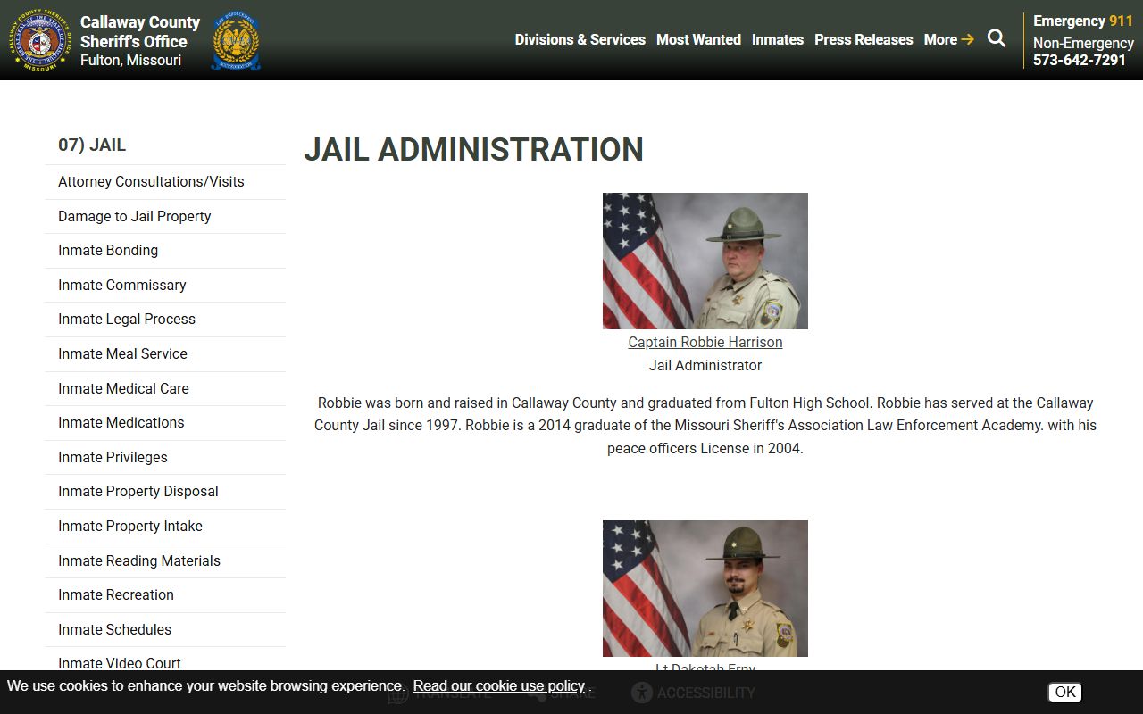 Callaway County warrant records jail administration contact